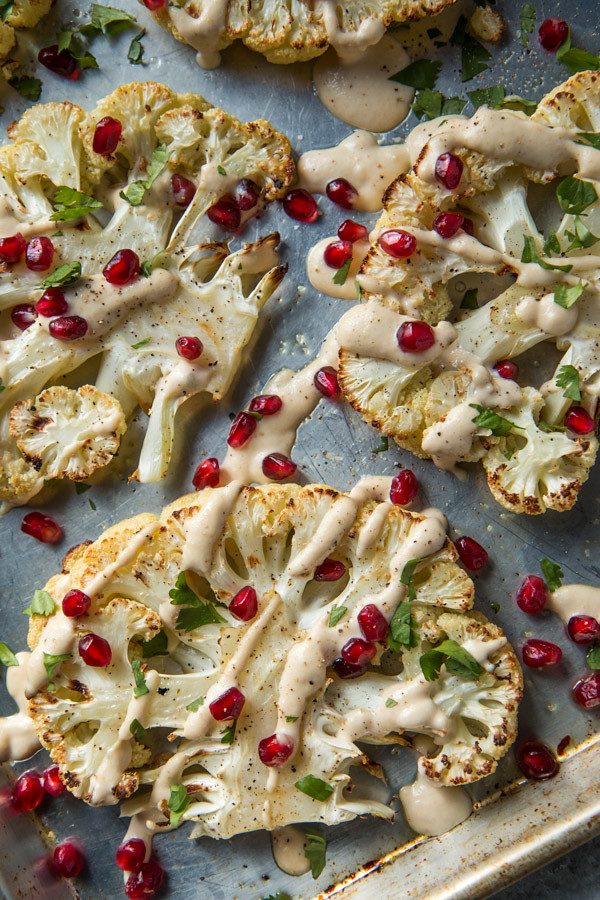 Roasted Cauliflower with Garlic Tahini Sauce and Pomegranate - Will Cook  For Friends