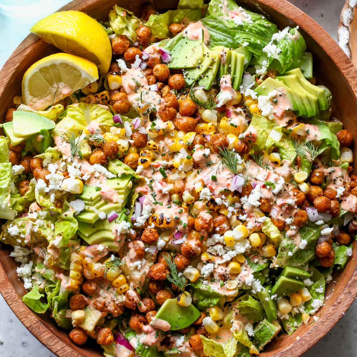 Grilled Corn and Avocado Salad with Harissa Ranch - Dishing Out Health