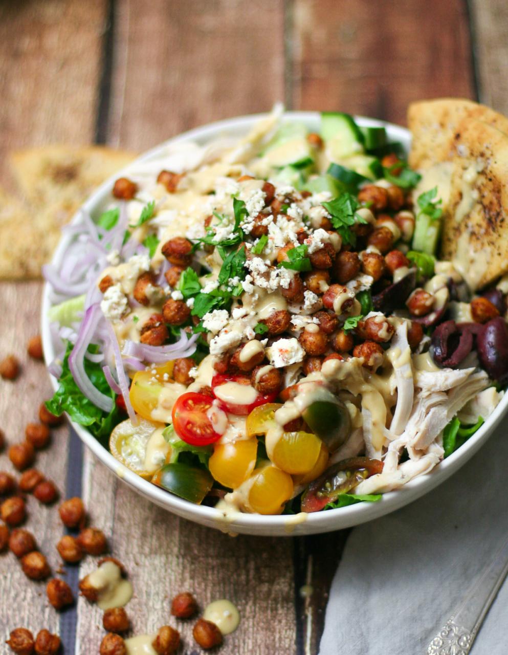 Mediterranean Salad with Crispy Chickpeas and Hummus Dressing - Happily  From Scratch