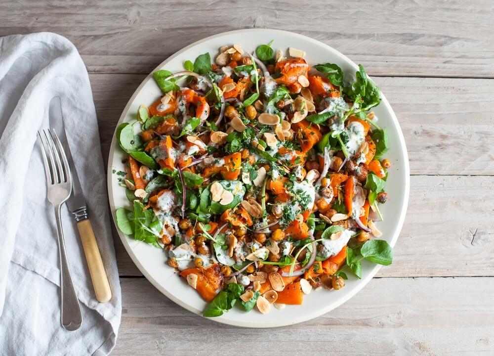 Carrot, chickpea and tahini salad recipe / Riverford