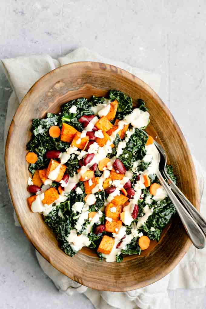 Kale Salad with Roasted Garlic Tahini Dressing • The Curious Chickpea